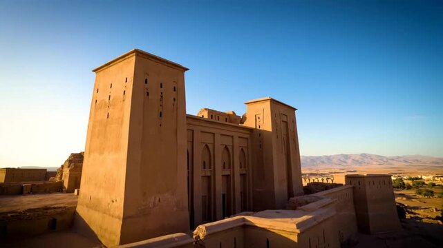 Ancient fortress architecture showcasing traditional mud brick structures under a clear blue sky with mountainous backdrop