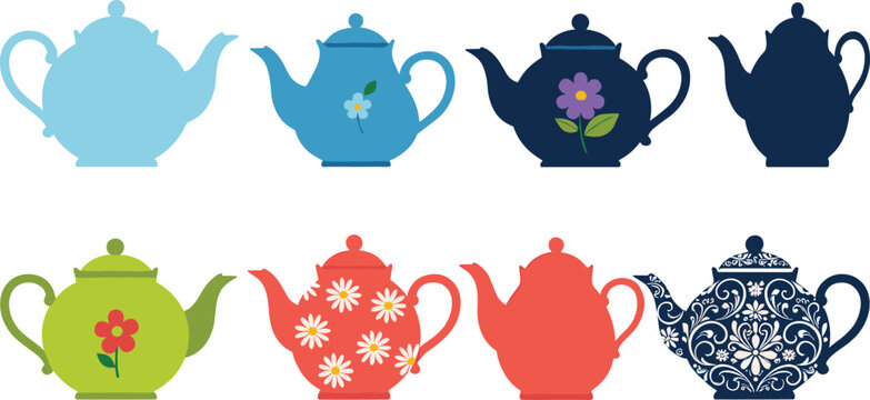 Colorful floral teapot clipart set with silhouettes, vintage tea pot designs, daisy patterns, decorative kettle illustrations, printable kitchen graphics for crafts and decor