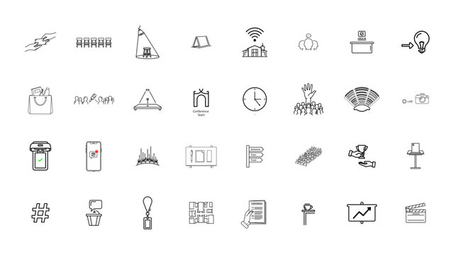 A large collection of hand drawn doodle icons for business technology and lifestyle concepts
