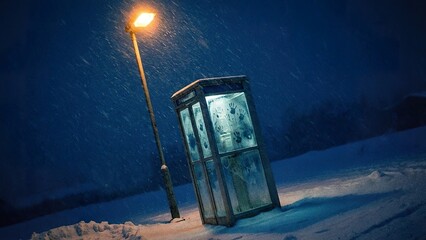 Eerie Frosted Telephone Booth Under a Glowing Streetlamp on a Snowy Winter Night with Handprints