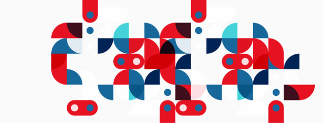 Abstract geometric shapes, red, blue, white. Modern design, playful composition, simple forms, clean aesthetic. Minimalist illustration.