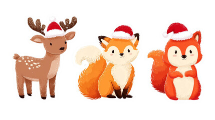 Fototapeta premium stickers of christmas forest animals: a deer, a fox, and a squirrel wearing santa hats. cartoon style, with cute animals for t-shirt design in white color, isolated on transparent background. Design e