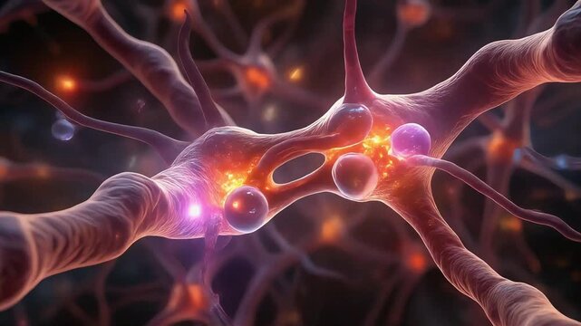 Chemical synapse release, vesicles bursting neurotransmitters into cleft, receptors lighting