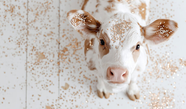Aerial shot of cute calf with golden confetti spots positioned to the right &ndash; playful festive farm animal portrait with copy space