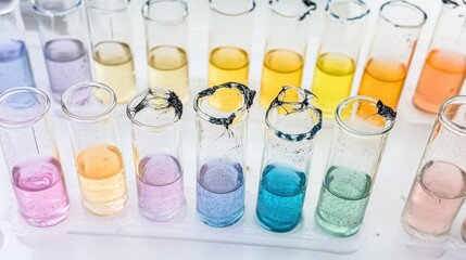 Close up of various vials containing colorful swirling liquids