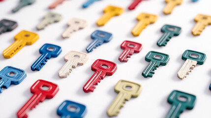 Pattern of colorful house keys on white background. Concept of housing choice, real estate options, property management and security