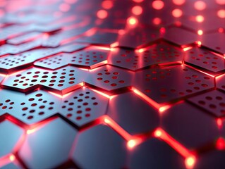 Red hexagonal grid with glowing edges, a 3D rendering of a red geometric pattern with illuminated hexagons on a metallic surface.