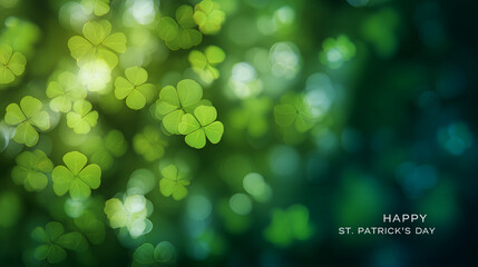 Obraz premium background bokeh, HAPPY ST. PATRICK'S DAY. Green shamrocks blurred in the foreground, white typography on defocused background, banner template design for web, poster, magazine, or presentation.