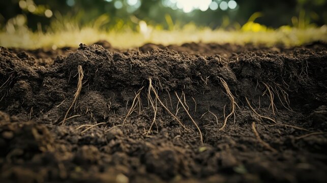 Closeup of soil displaying roots in an outdoor environment