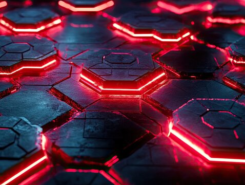 Red hexagonal grid with glowing edges, a 3D rendering of a red geometric pattern with illuminated hexagons on a metallic surface.