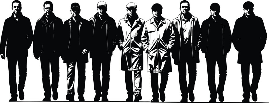 Group of men in trench coats walking in a line against a white background, illustration