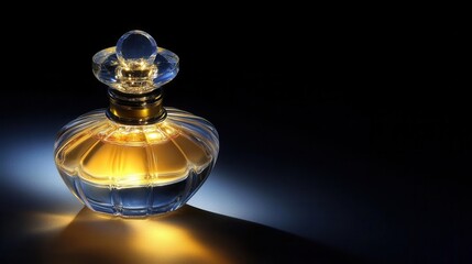 Elegant perfume bottle with amber liquid in dark setting