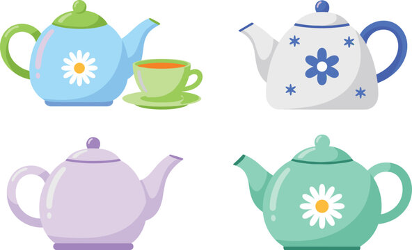 Colorful floral teapot and teacup set illustration featuring pastel designs, daisies, simple shapes, and modern kitchenware perfect for crafting, stickers, packaging, and digital creative projects