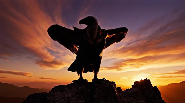 Dramatic silhouette of a large cinereous vulture standing on a stark ridge line against a fiery golden hour sunset sky with vibrant orange and purple clouds Eurasian, epic, purple
