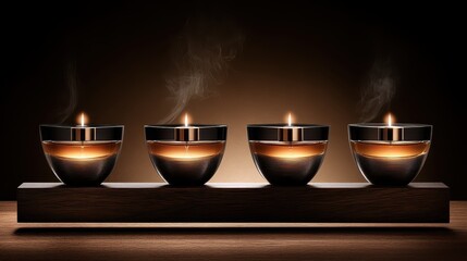 Four dark candles emitting smoke on floating wooden shelf