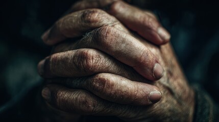 Fototapeta premium Close-up of elderly hands clasped together, conveying wisdom and experience.