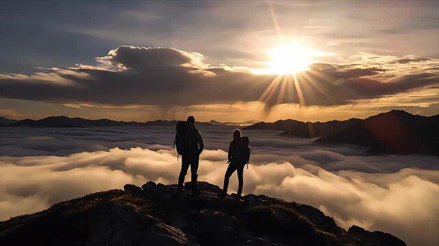 Two backpackers stand silhouetted on a rocky mountain summit above a mesmerizing fog inversion layer during a dramatic golden sunset
