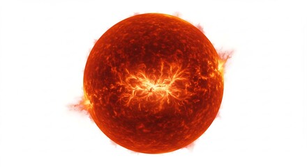 孤立した白背景に鮮明に描かれた燃え盛る巨大な恒星太陽が宇宙の深淵で力強く輝く その中心から湧き出る灼熱のプラズマと強烈な光が無限の宇宙エネルギーをダイナミックに表現する. AI Generated