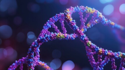 Magnified view of a DNA double helix model against dark background