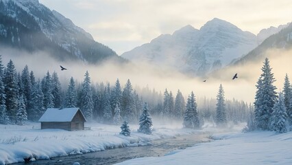 Tranquil Winter Landscape with a Cozy Wooden Cabin, Snowy Pine Trees, a Flowing River, and Misty Mountains