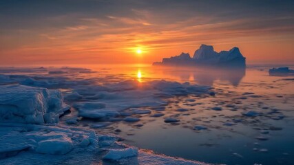 A breathtaking sunset over a tranquil icy landscape, featuring floating icebergs and a serene water surface reflecting warm hues, creating a peaceful atmosphere for nature lovers