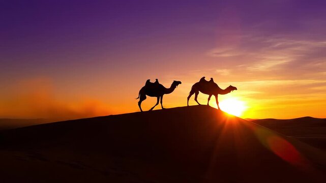 Dramatic silhouette of two dromedary camels walking along a sharp horizon line during a fiery orange and deep violet sunrise tranquility, exotic, nomadic
