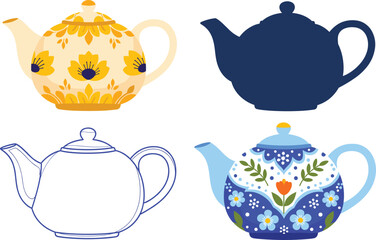 Decorative floral teapot collection with colorful vintage patterns, outlined kettle design, minimalist silhouette style, perfect for kitchen decor, packaging, crafts and digital illustration projects