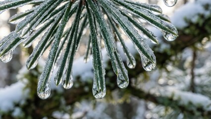 Close-up of vibrant green pine needles covered in glistening ice and snow droplets on a frosty winter day.