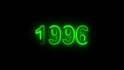 Neon green number 1996 animation on black background, futuristic year text effect, historical date and time line concept, retro digital typography