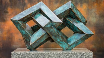 Intricate interlocking geometric metal sculpture with a verdigris patina displayed on a granite base