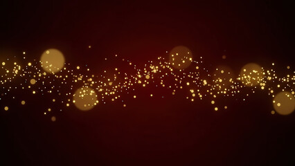 Gold light particles floating on dark red background, festive winter mood, cinematic