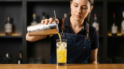 A young female bartender pours a cocktail from a shaker into a glass at the bar