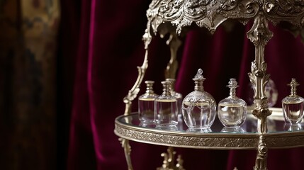 Ornate Antique Metal Display Table with Glass Perfume Bottles