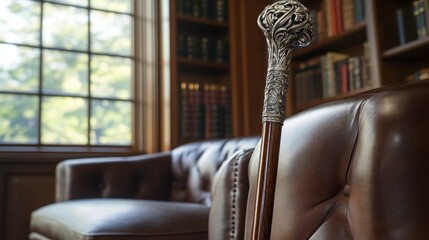 Ornate Silver Walking Cane Leaning Against Leather Chair