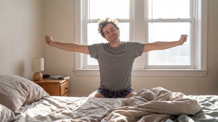 Happy young man with messy hair sits on bed stretching arms wide in morning sunlight. Scene captures refreshed mood suitable for lifestyle and sleep health content.