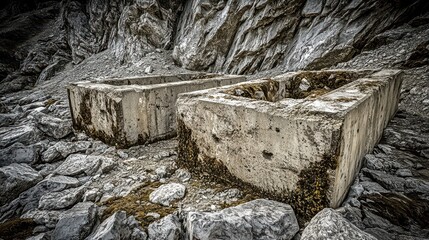 Concrete anti tank obstacles sitting on a rocky terrain