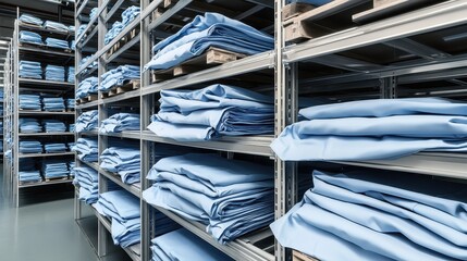 Neatly folded sterile blue medical gowns on warehouse shelves