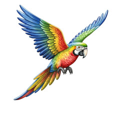 Obraz premium Watercolor Vibrant parrot in flight isolated on a transparent background