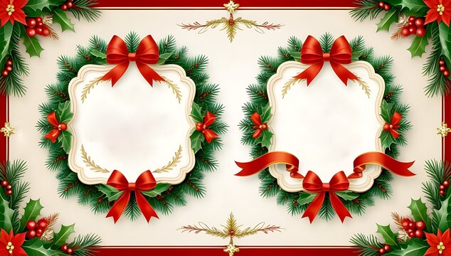 Christmas greeting card with gold ribbon, red balls, and green fir branches for the holiday season celebration