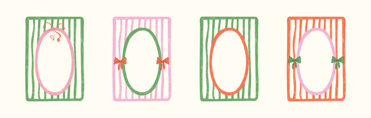 Hand Drawn xmas red, green, pink frame set with doodle bow, lace, ribbon. Coquette whimsical line borders for Merry Christmas, New Year, birthday, wedding, poster. Vintage minimalist vector illustrati