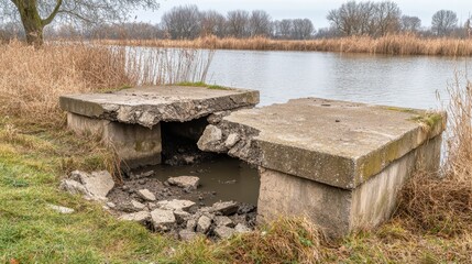 Mottled concrete slabs cracked and displaced beside a tranquil lake