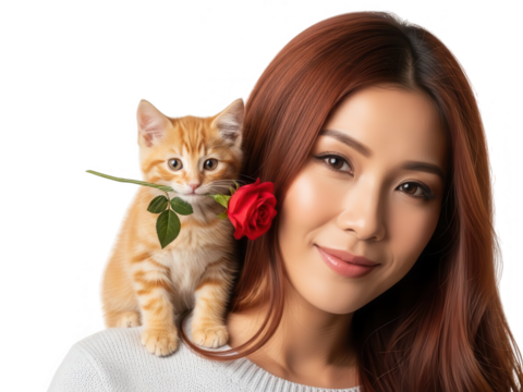 Woman with long red hair gently poses with an orange kitten and a red rose - Powered by Adobe