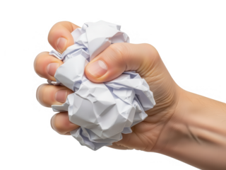 A human hand tightly clutching a crumpled ball of white paper against black