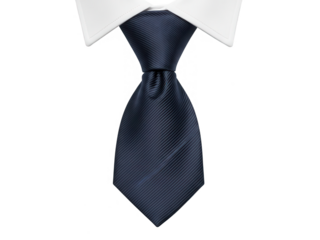 A dark navy blue necktie prominently displayed against a stark black background