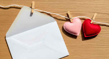 A white envelope with decorative hearts, suspended by a string, lies on a wooden table.