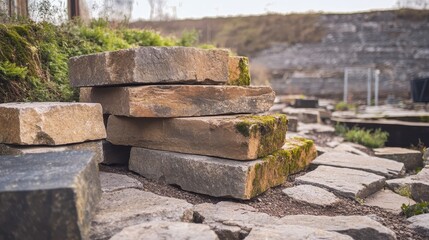 Pile of rough hewn stone blocks stacked in an outdoor setting