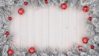 White frosted pine branches forming a thick frame around the edges, scattered red Christmas ornaments with delicate snowflake patterns, soft falling snow, subtle sparkles, bright winter aesthetic, lig