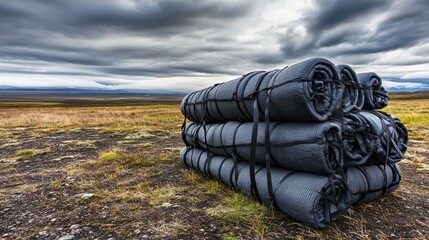 Rolled up sleeping mats bundled together outdoors on a grassy field under a cloudy sky