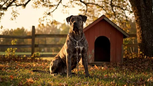 Majestic brindle Cane Corso dog sitting proudly near red doghouse on a sunny autumn day