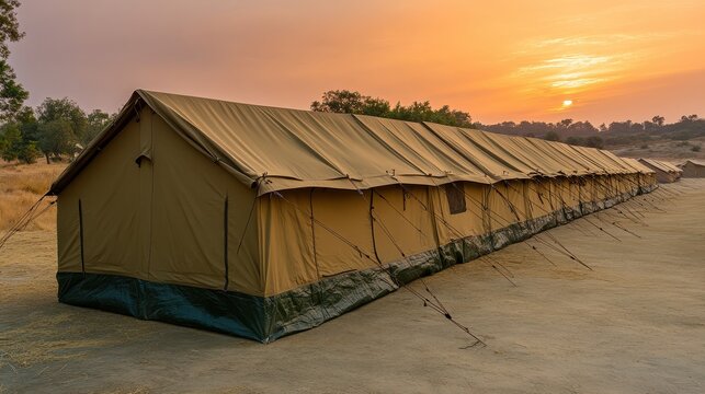Row of temporary canvas tents set up in a dusty outdoor encampment under the warm glow of the setting sun